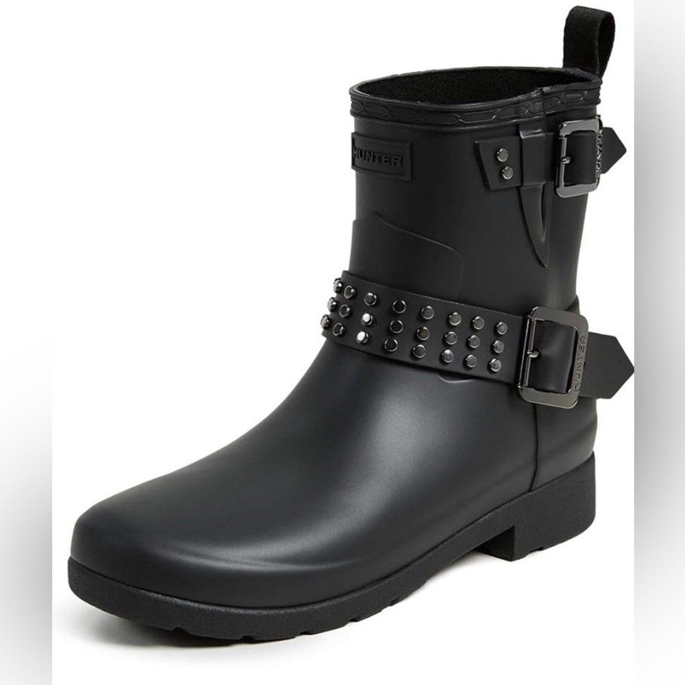 Hunter Black Refined Stud Biker Rain Boots, Black, 6 M